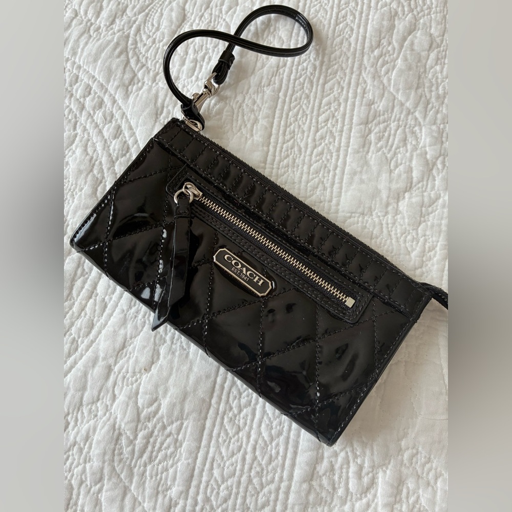 Coach black patent leather quilted wallet/wristlet.